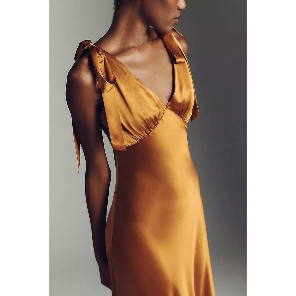 Reformation Pernille Tie-Strap Silk Maxi Dress Bronze Gold V-Neck Gown Large NEW - Picture 10 of 10